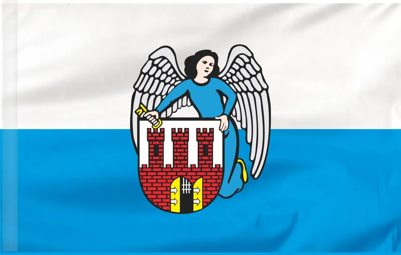 Flaga Torunia: biało-niebieska z aniołem trzymającym klucz i tarczę z zamkiem.