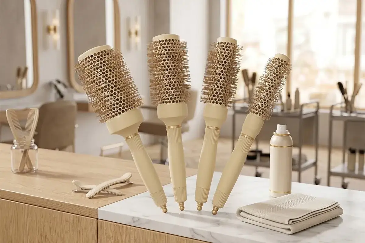 Vier runde Haarb&uuml;rsten in Beige, bereit, plattes Haar in Schwung zu verwandeln. Daneben liegen K&auml;mme, Haarklammern und ein Handtuch.