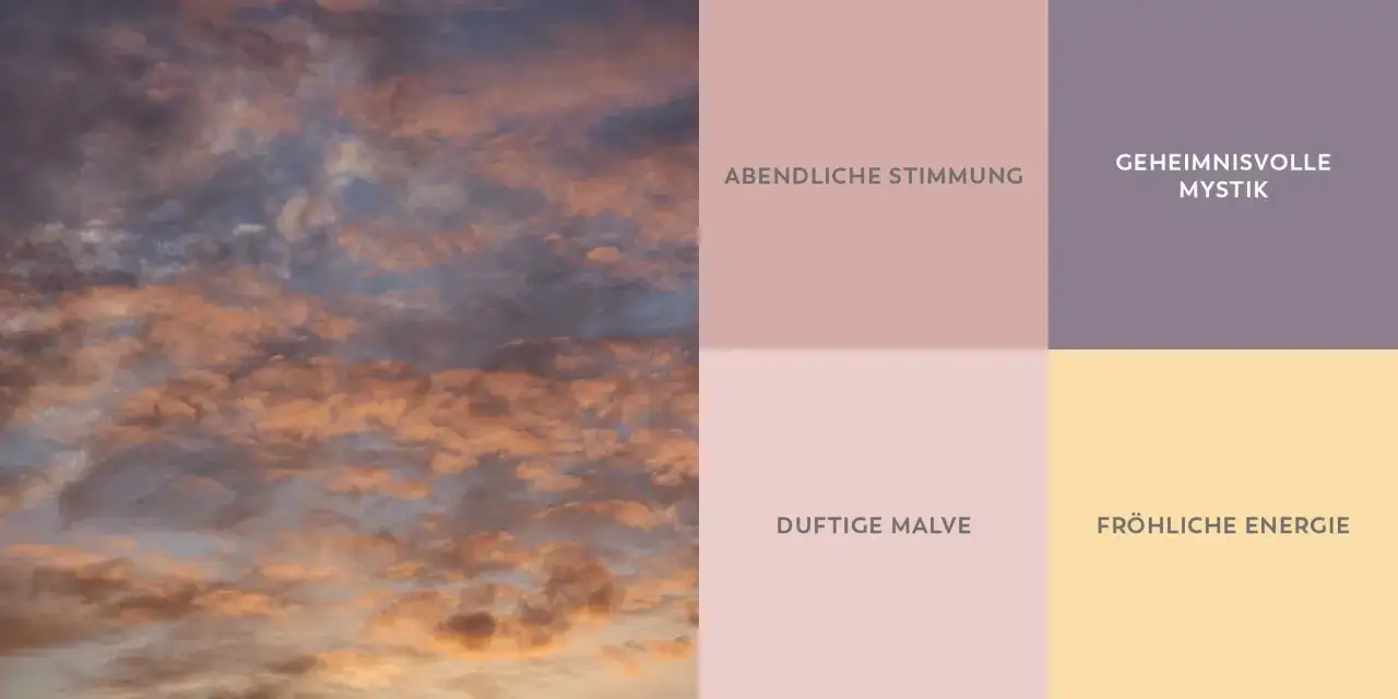 Farbkarte warme Wandfarben: Abendliche Stimmung, Geheimnisvolle Mystik, Duftige Malve, Fr&ouml;hliche Energie. Wolken in warmen T&ouml;nen.