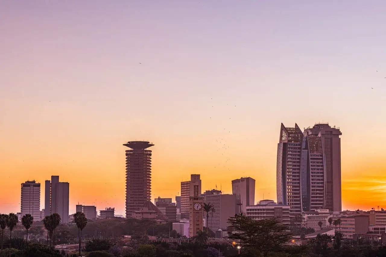 Zachód słońca nad Nairobi, krajem z nairobi, maluje niebo odcieniem różu i pomarańczy. Widać charakterystyczne budynki i palmowe drzewa.