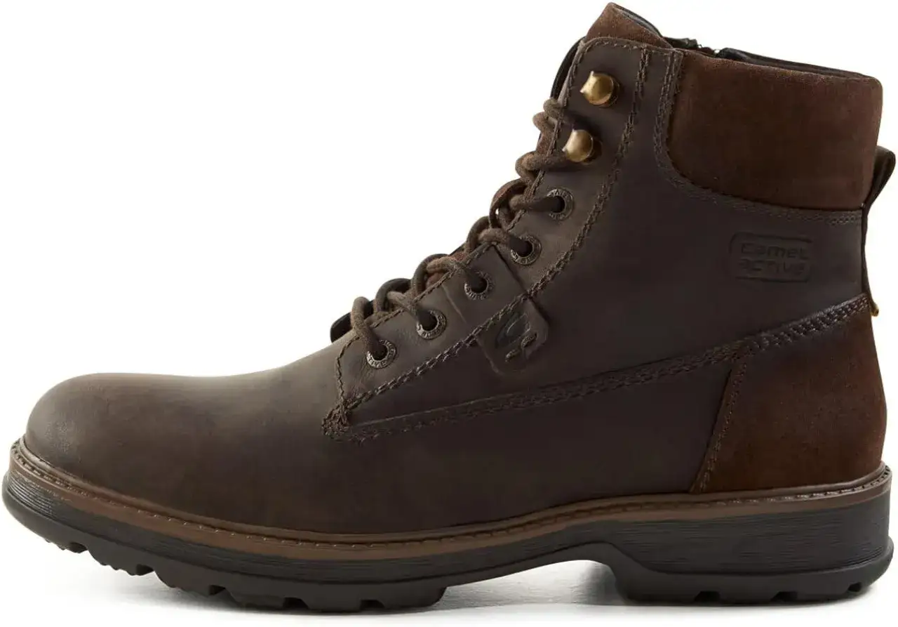 Braune Lederstiefel mit Schnürung und seitlichem Reißverschluss. Diese robusten Schuhe, auch als Bootsschuhe bekannt, sind ideal für Abenteuer.