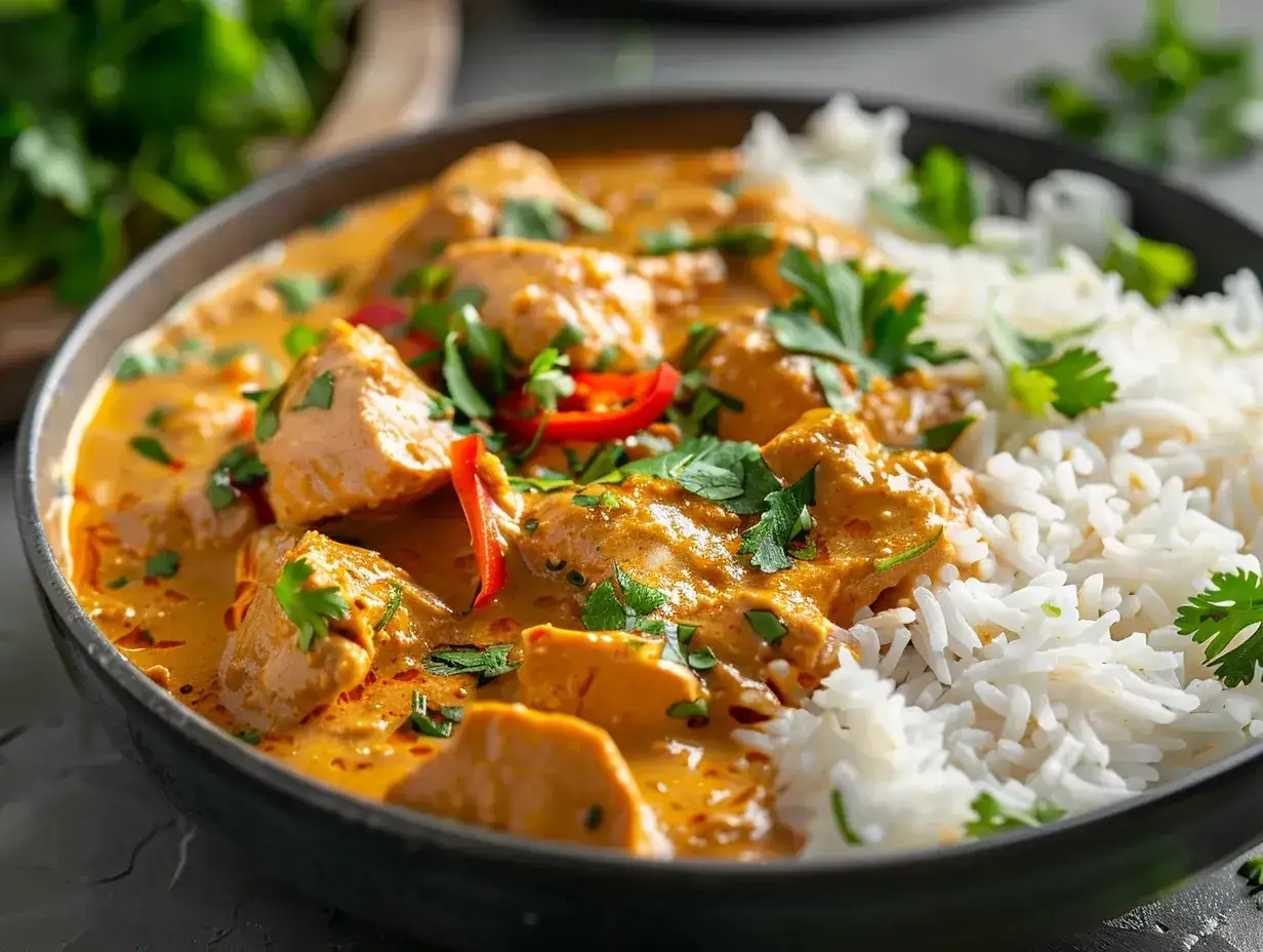 En krämig skolans kyckling curry med ris, garnerad med färsk koriander och chili. En smakrik och värmande rätt.
