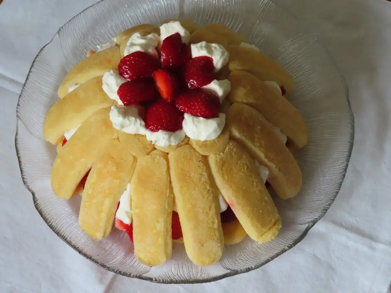 Erdbeer Charlotte mit Löffelbiskuits, Sahne und frischen Erdbeeren auf einer Glasplatte.