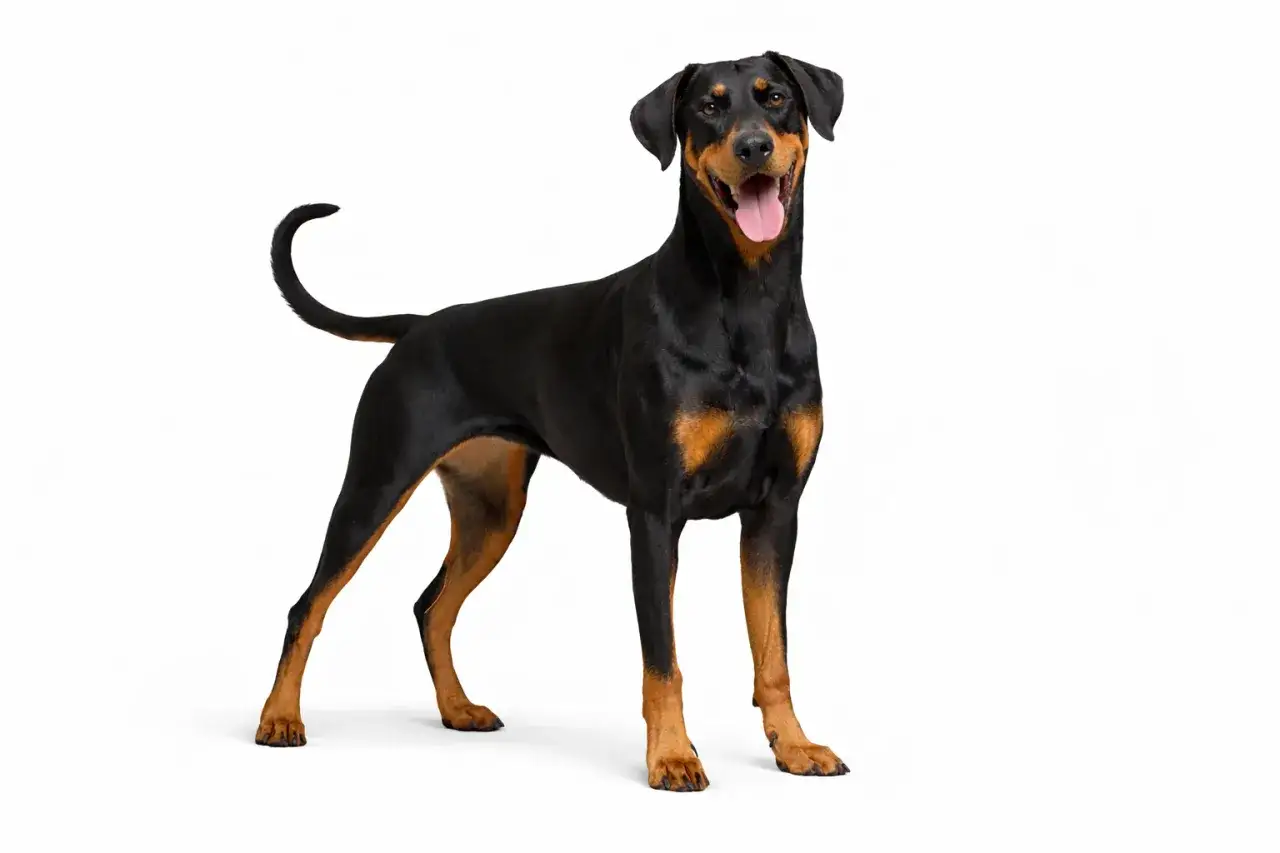 Doberman o czarnej sierści z podpalaniem, z językiem na wierzchu, prezentuje swoją sylwetkę. Jego waga jest optymalna dla tej rasy.