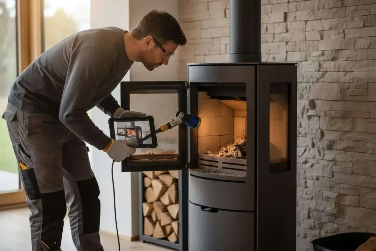 Un technicien examine un po&ecirc;le &agrave; granul&eacute;s Cadel avec une tablette, peut-&ecirc;tre pour diagnostiquer un probl&egrave;me.