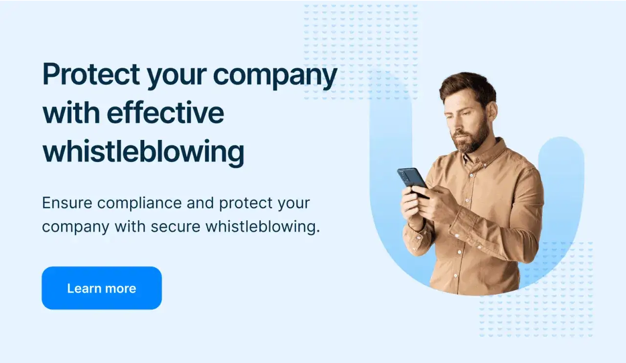 Man on phone, text about protecting your company with effective whistleblowing and a whistleblower policy.