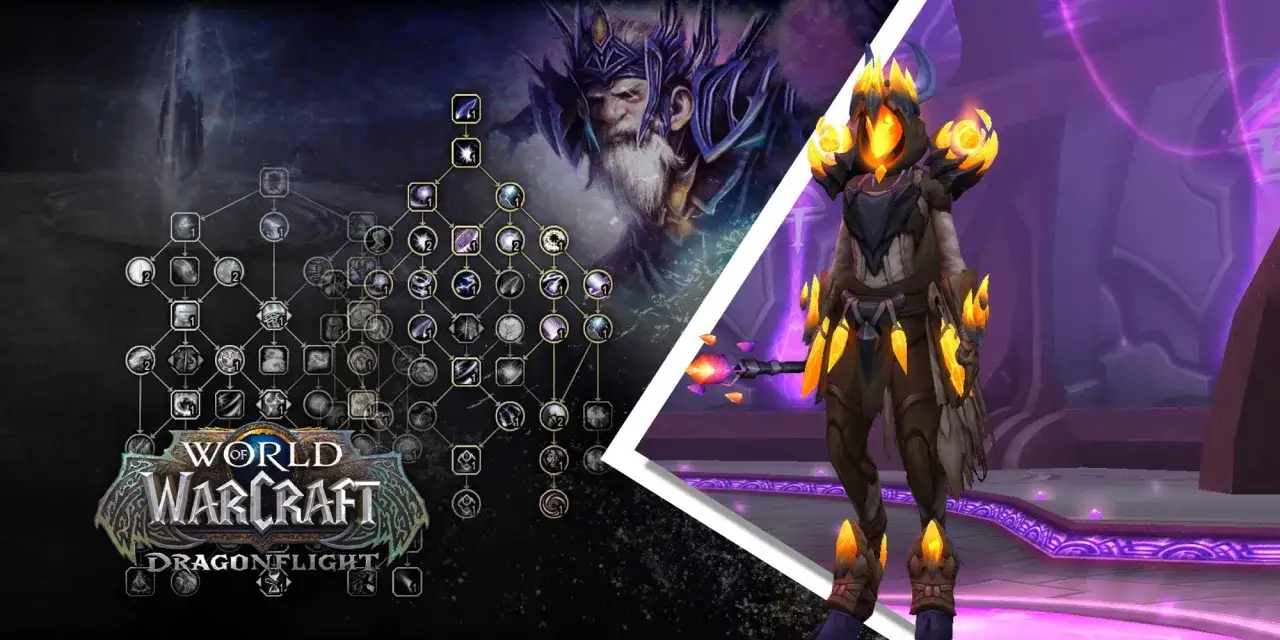 Drzewko talentów Arcane Mage w Dragonflight. Postać w zbroi z płomieniami, trzymająca kostur.