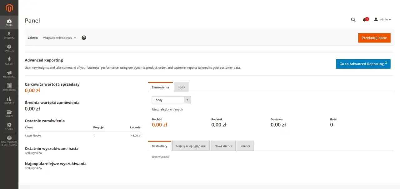 Panel administracyjny Magento ecommerce. Widok podsumowania sprzedaży, zamówień i raportów.