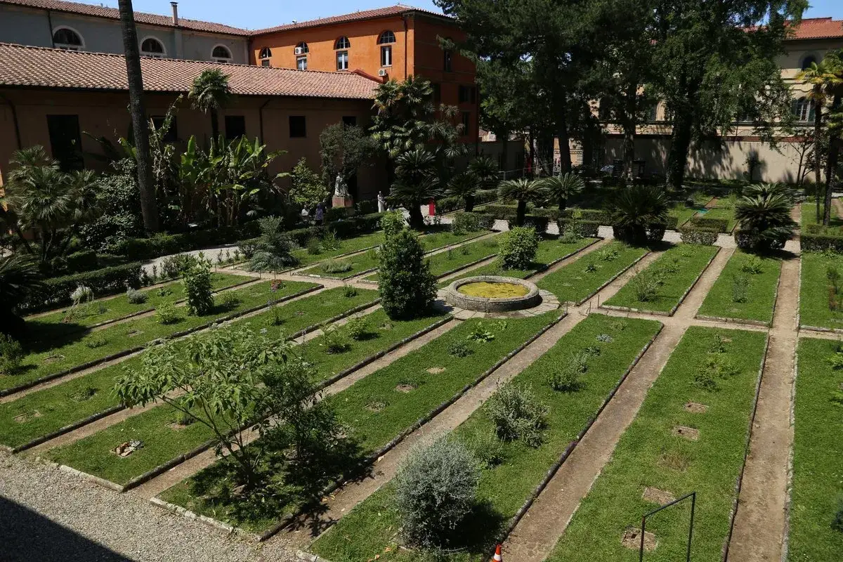 Il jardin botanique de Pise, con aiuole geometriche e una fontana centrale, &egrave; un'oasi di tranquillit&agrave; tra antichi edifici.