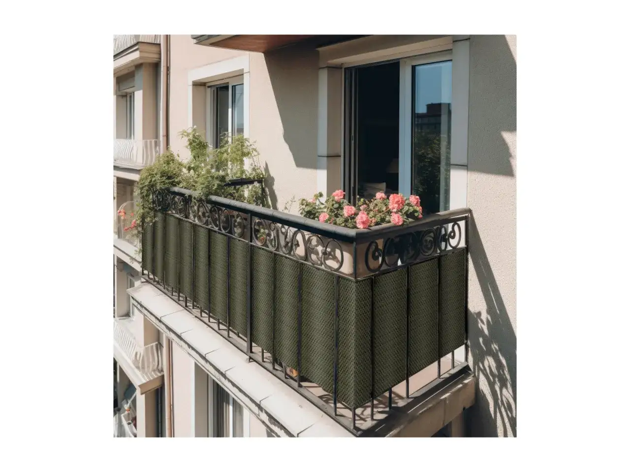 Jak osłonić balkon w bloku? Elegancka mata na balustradę zapewnia prywatność i chroni przed wiatrem, dodając uroku kwiatom.