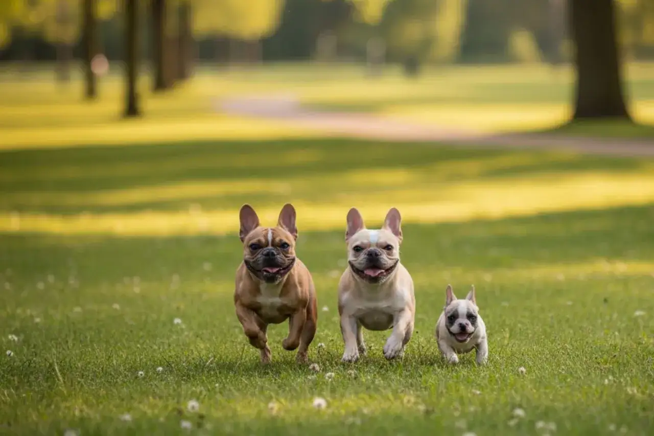 Trzy buldogi francuskie biegną przez trawiasty park. Jeden, brązowy, prowadzi, za nim jasny, a na końcu najmniejszy, w łaty.