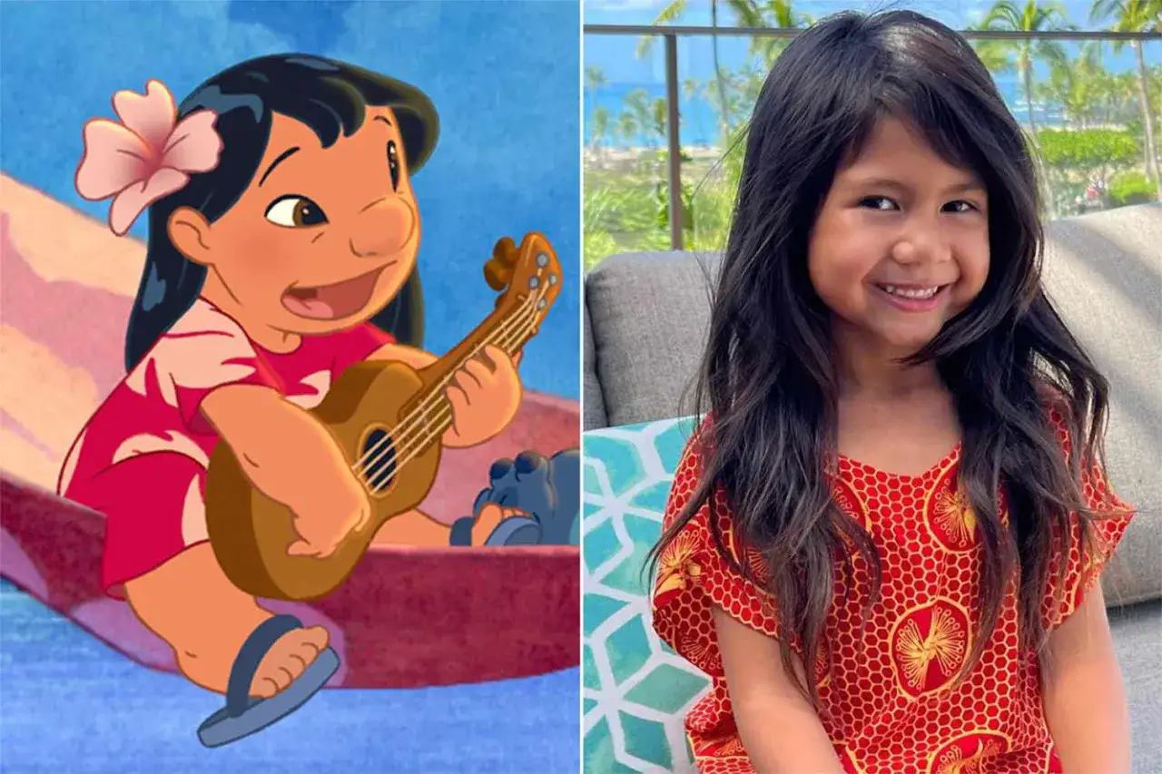 Lilo i Stich obsada: animowana Lilo gra na ukulele, obok niej prawdziwa dziewczynka w podobnej stylizacji.
