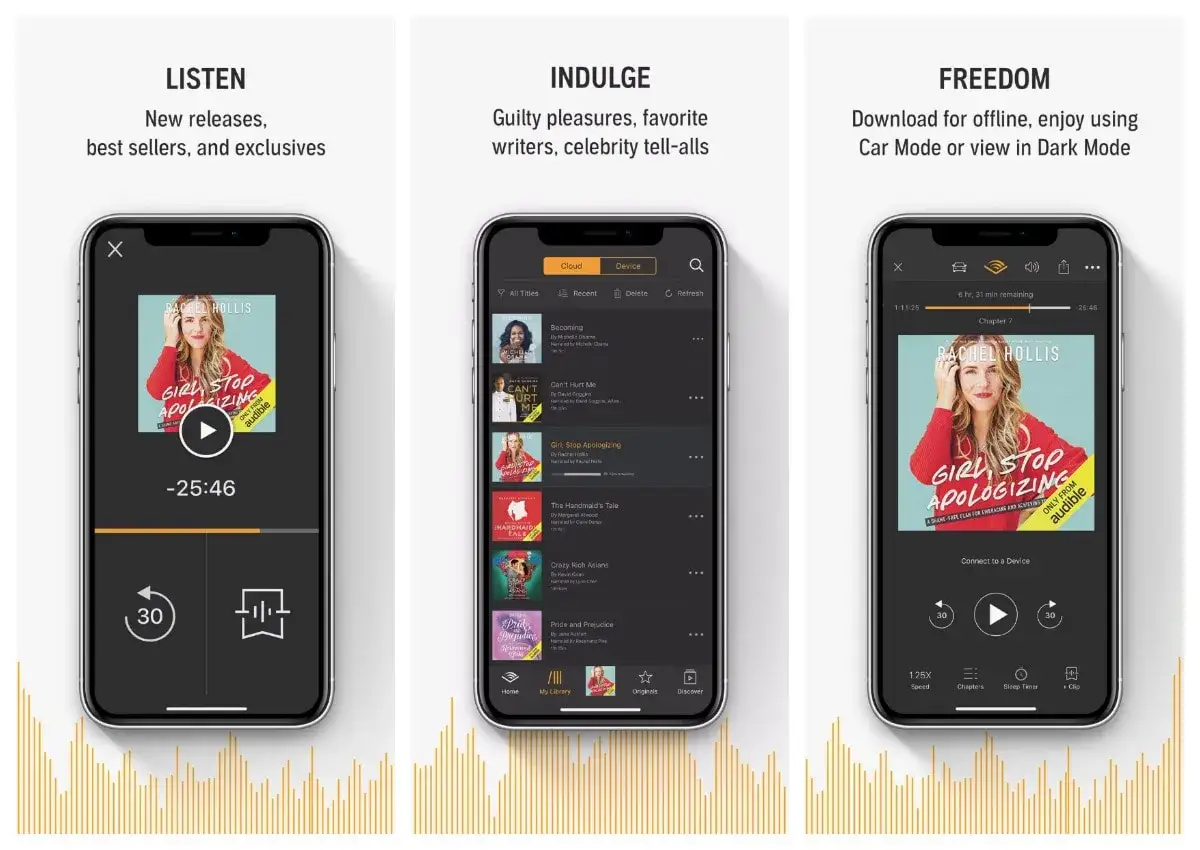 Trois écrans de smartphone montrant l'interface d'une application pour enregistrer un livre audio. On y voit la lecture, la bibliothèque et les options de téléchargement.