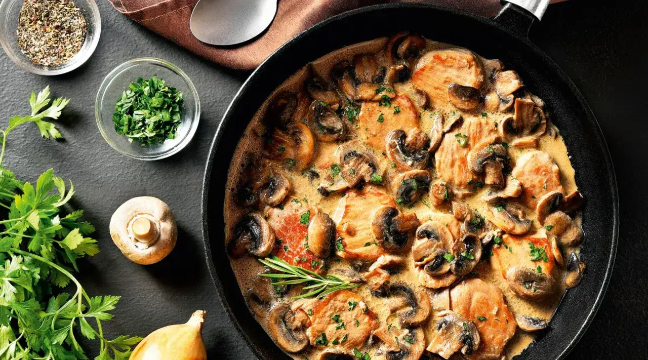 Fleischstücke mit Pilzen in cremiger Sauce in einer Pfanne, perfekt zum **Champignons braten**. Garniert mit Petersilie und Rosmarin.