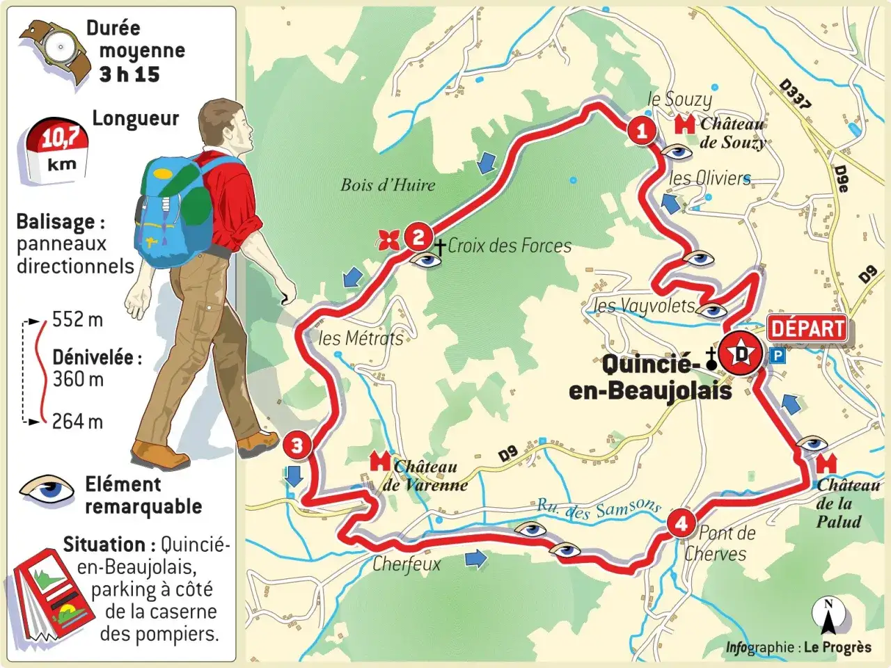 Carte du **marathon du Beaujolais** : 10,7 km, 360m de **d&eacute;nivel&eacute;**. D&eacute;part Quinci&eacute;-en-Beaujolais. Points d'int&eacute;r&ecirc;t : Ch&acirc;teaux, Croix des Forces.
