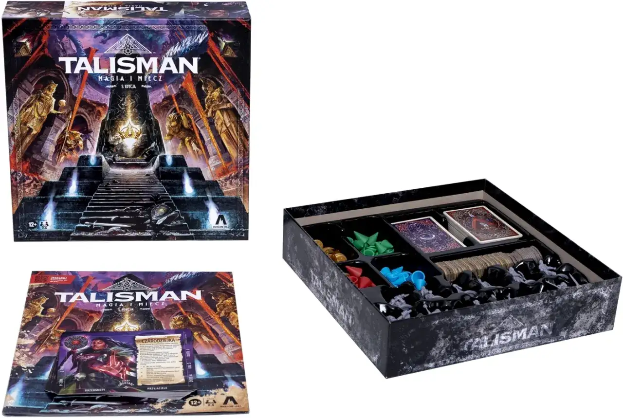 Gra planszowa Talisman Magia i Miecz, stara wersja. W pudełku elementy gry: karty, pionki, żetony.