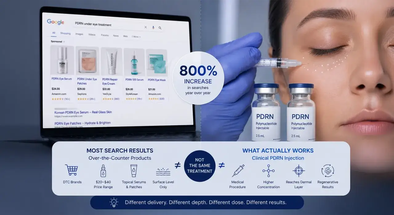PDRN co to? Wyszukiwania PDRN pod oczy rosną o 800%. Porównanie produktów OTC z klinicznymi zastrzykami PDRN.