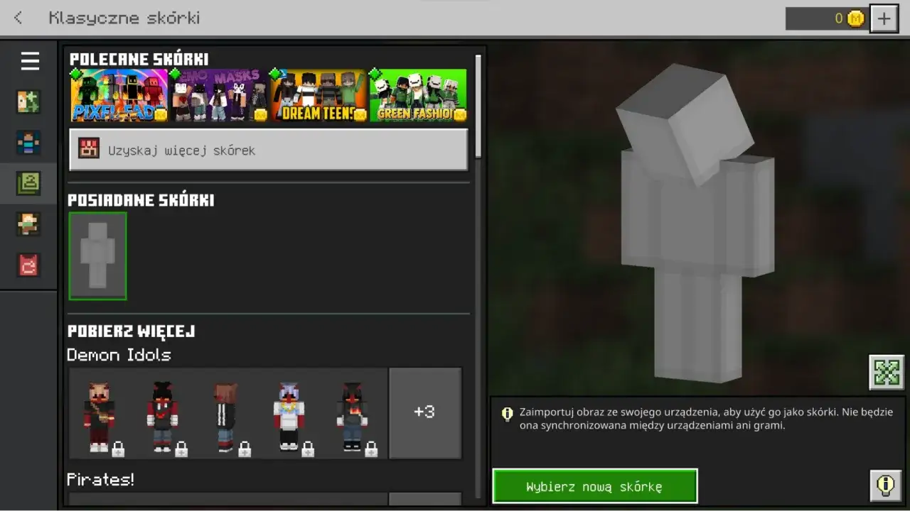 Wybierz nową skórkę, aby zmienić wygląd postaci w Minecraft. Zobaczysz tu polecane i posiadane skórki.