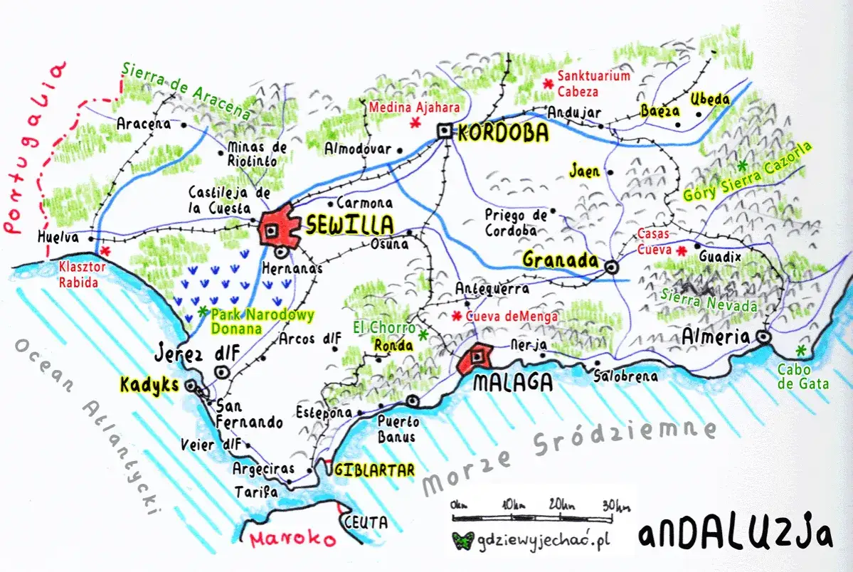 Mapa pokazuje, gdzie leży Andaluzja: Sewilla, Kordoba, Granada, Malaga, Almeria, wybrzeże Atlantyku i Morza Śródziemnego.
