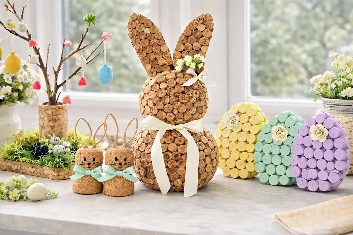 Ausgefallene Bastelideen Ostern Erwachsene: Korkhasen und bunte Eier aus Korken, die Tischdeko versch&ouml;nern.