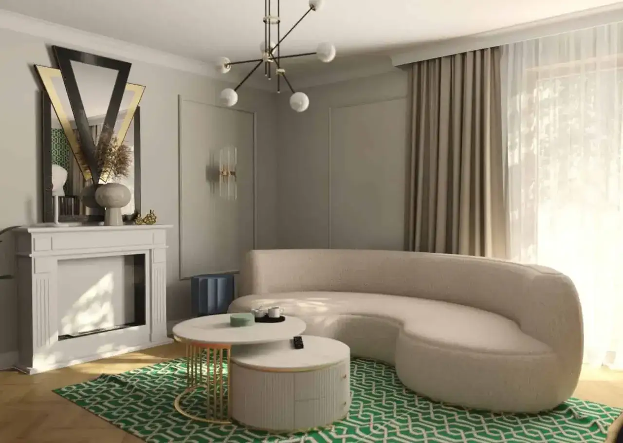 Eleganckie mieszkanie w stylu art deco z kremową sofą, geometrycznym dywanem i lustrem w ozdobnej ramie.