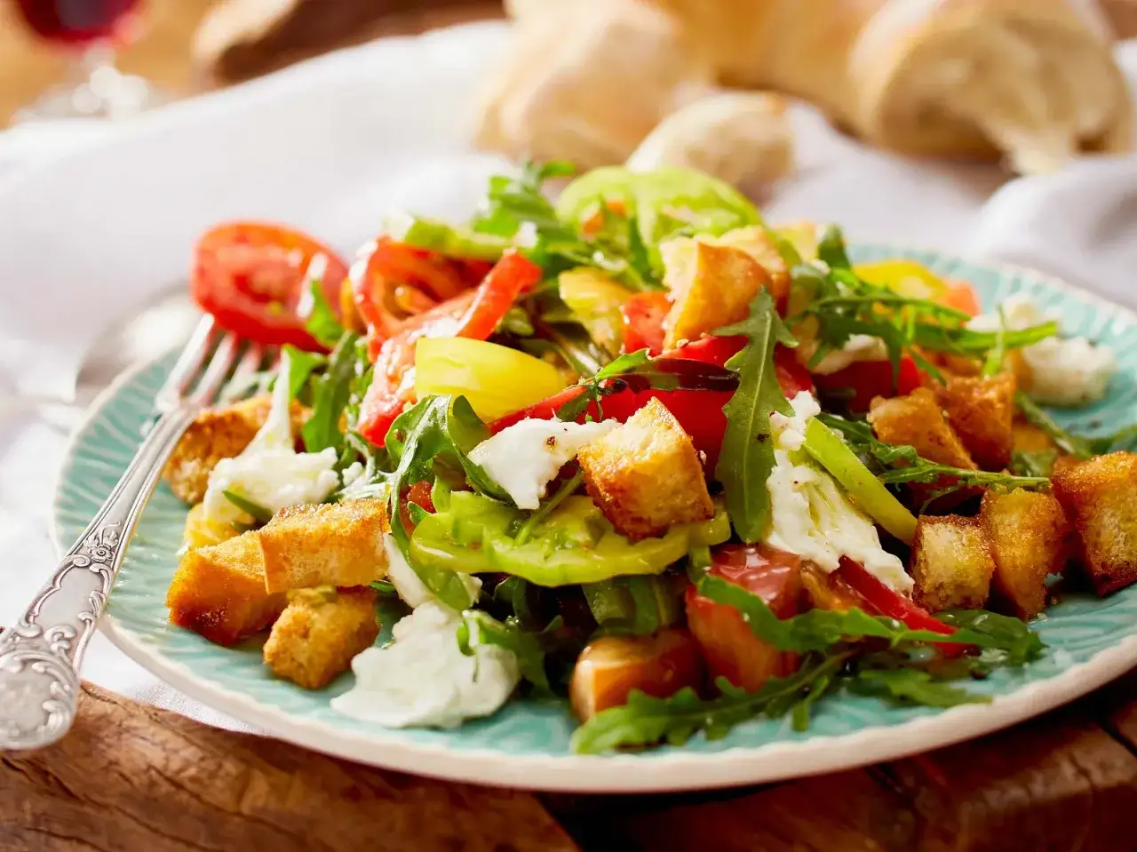Frischer toskanischer Brotsalat original mit Tomaten, Rucola und Mozzarella auf einem Teller.
