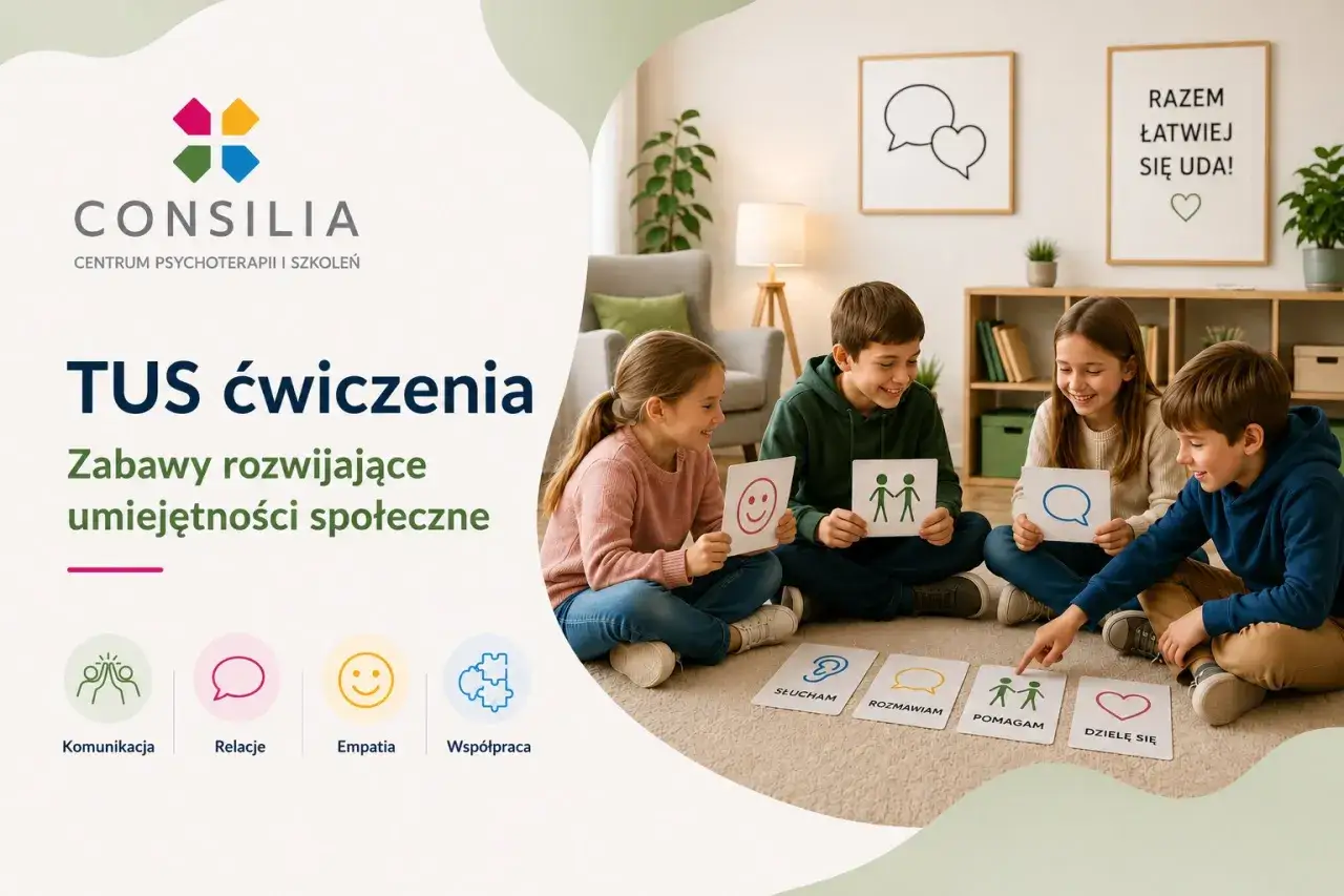 Dzieci ćwiczą umiejętności komunikacyjne, trzymając karty z symbolami. Zabawy rozwijają empatię i wsp&oacute;łpracę.