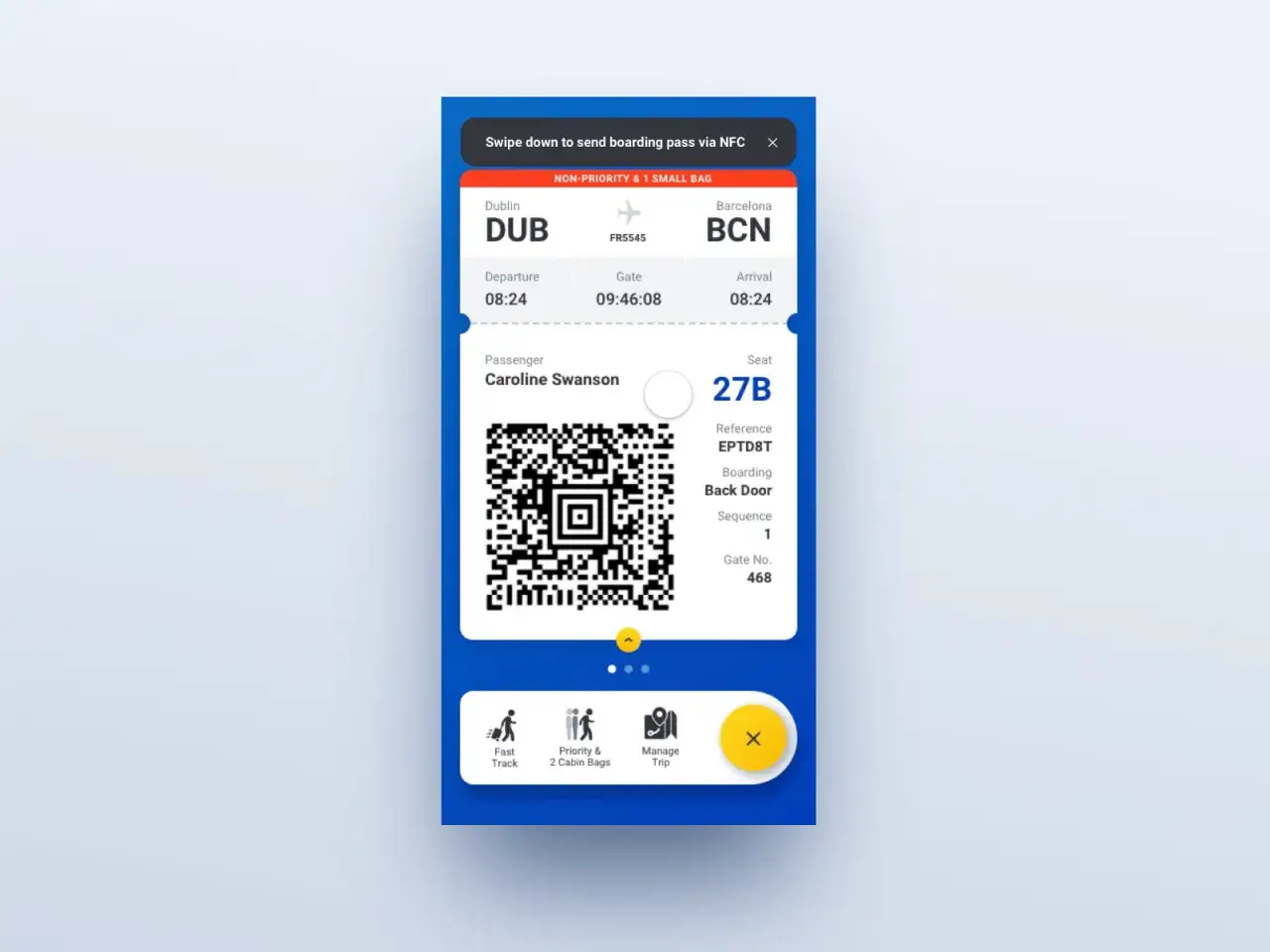 Digitalt boardingkort f&ouml;r Ryanair med destination Dublin-Barcelona. Caroline Swanson, plats 27B. Man beh&ouml;ver inte skriva ut boardingkortet.
