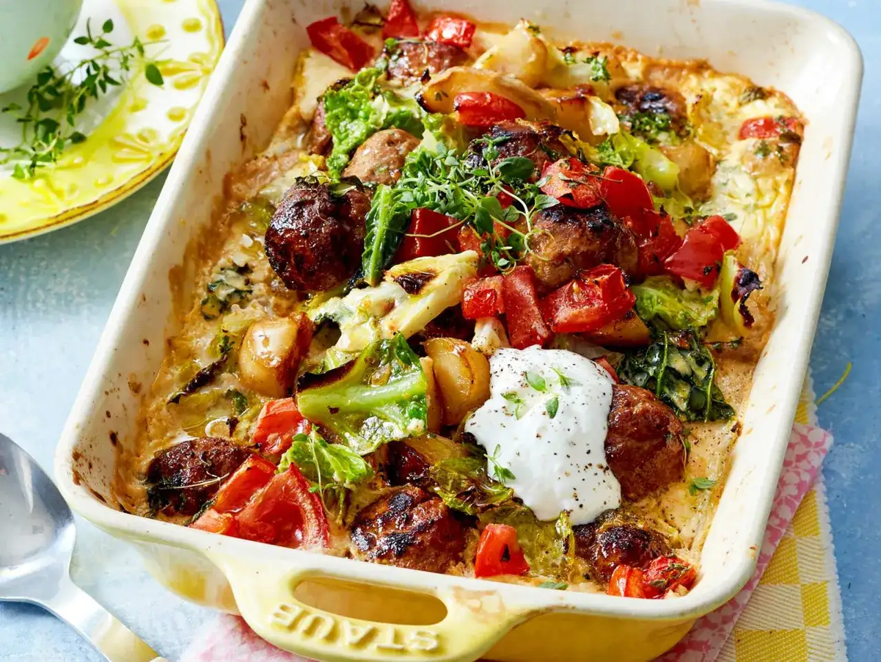 Herzhafte vegetarische Rezepte schnell gemacht: Ein Auflauf mit Kl&ouml;&szlig;en, Kohl, Tomaten und einem Klecks Joghurt.