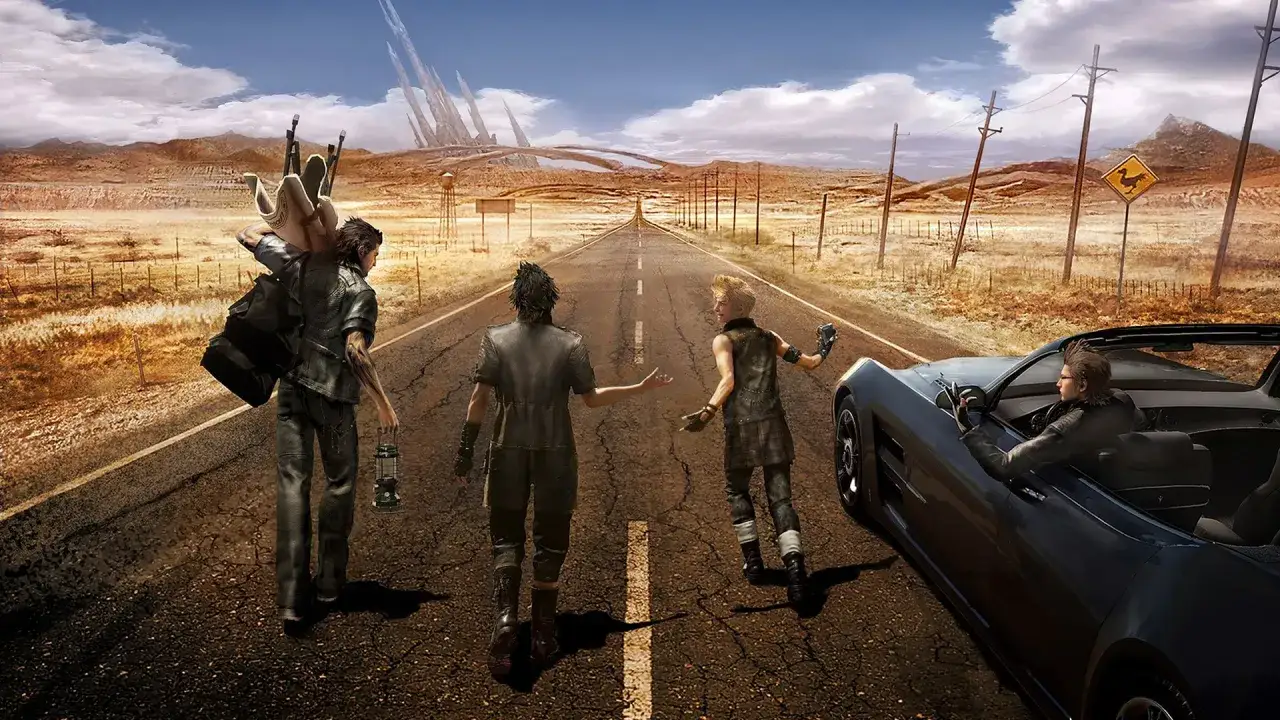 Quattro amici su una strada desolata, un'immagine iconica per la **final fantasy xv recensione**. Il viaggio inizia.