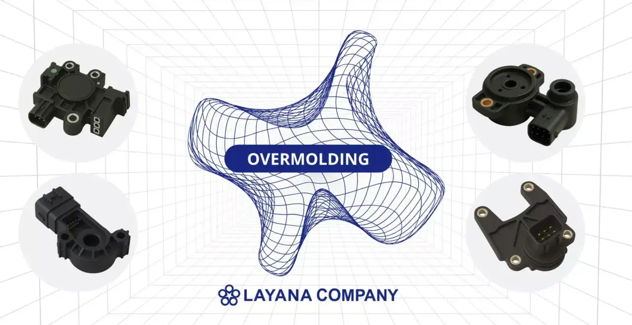 LAYANA COMPANY showcases overmolding expertise with four black sensor components, each in a circular frame, against a grid background.