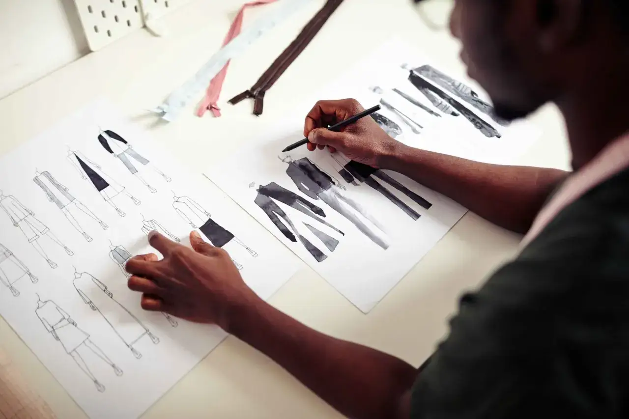 Un modeliste styliste dessine des croquis de mode, entour&eacute; de fermetures &eacute;clair.