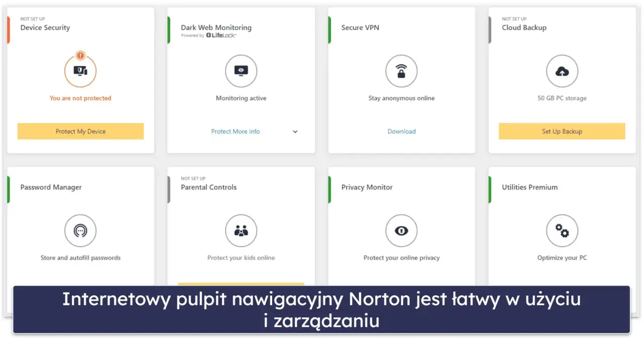 Norton oferuje najlepszy antywirus i ochronę online. Pulpit nawigacyjny ułatwia zarządzanie bezpieczeństwem.