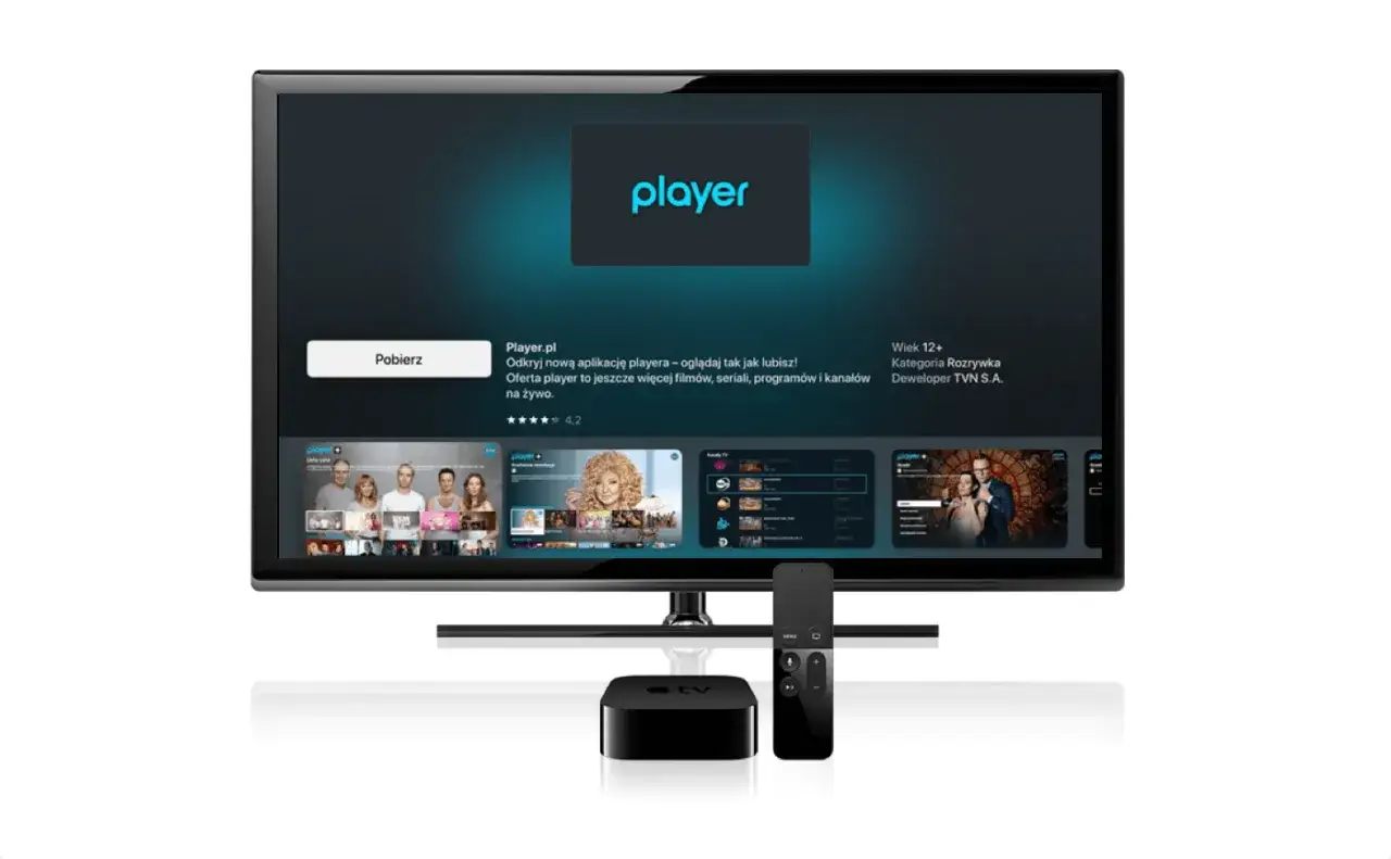 Nowoczesny tv player Player.pl na ekranie telewizora. Oglądaj filmy, seriale i kanały na żywo.