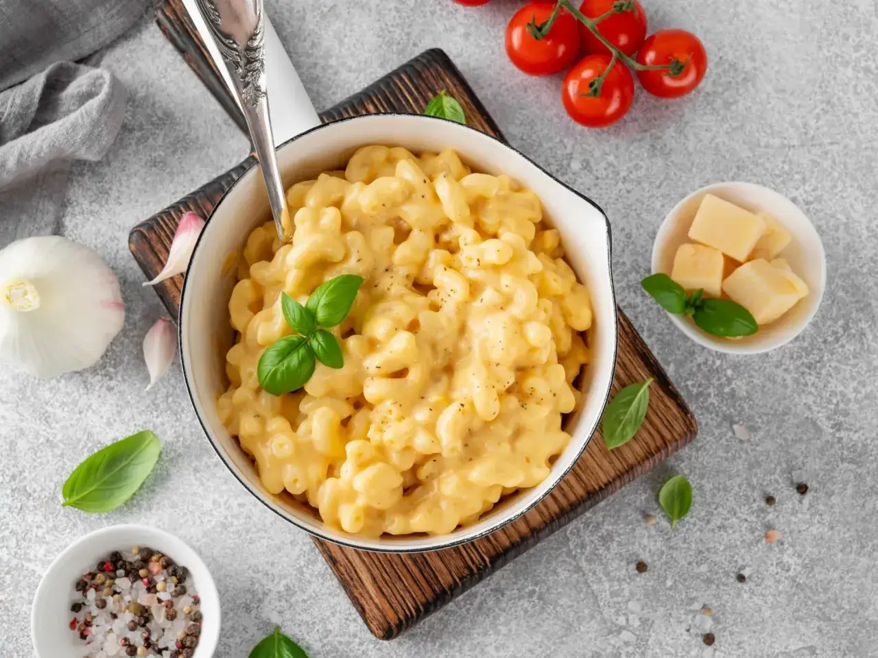 Pyszne, kremowe mac and cheese w białej misce, z bazylią i pomidorkami koktajlowymi. Idealne, gdy zastanawiasz się, jak podgrzać mac and cheese.