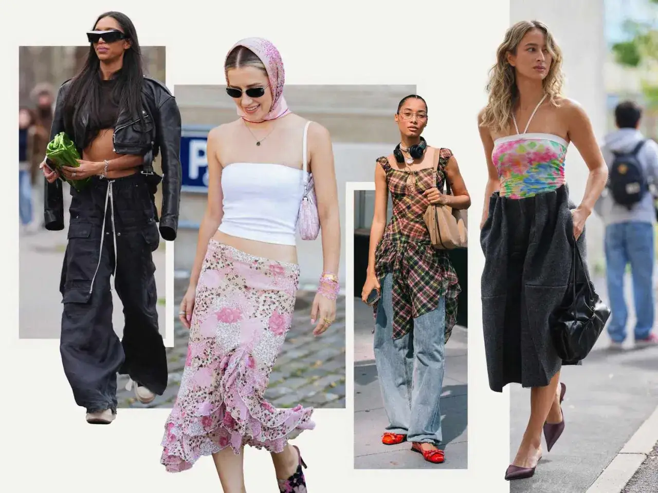 Stylizacje w klimacie y2k: skórzana kurtka, kwiecista spódnica, krata i tie-dye.