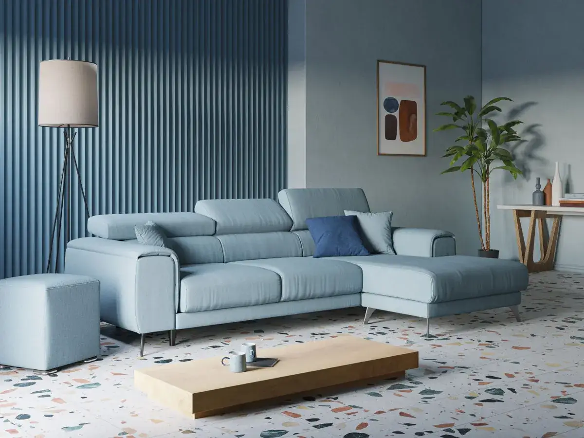 Un moderno divano angolare azzurro, perfetto per modificare il tuo salotto con stile.