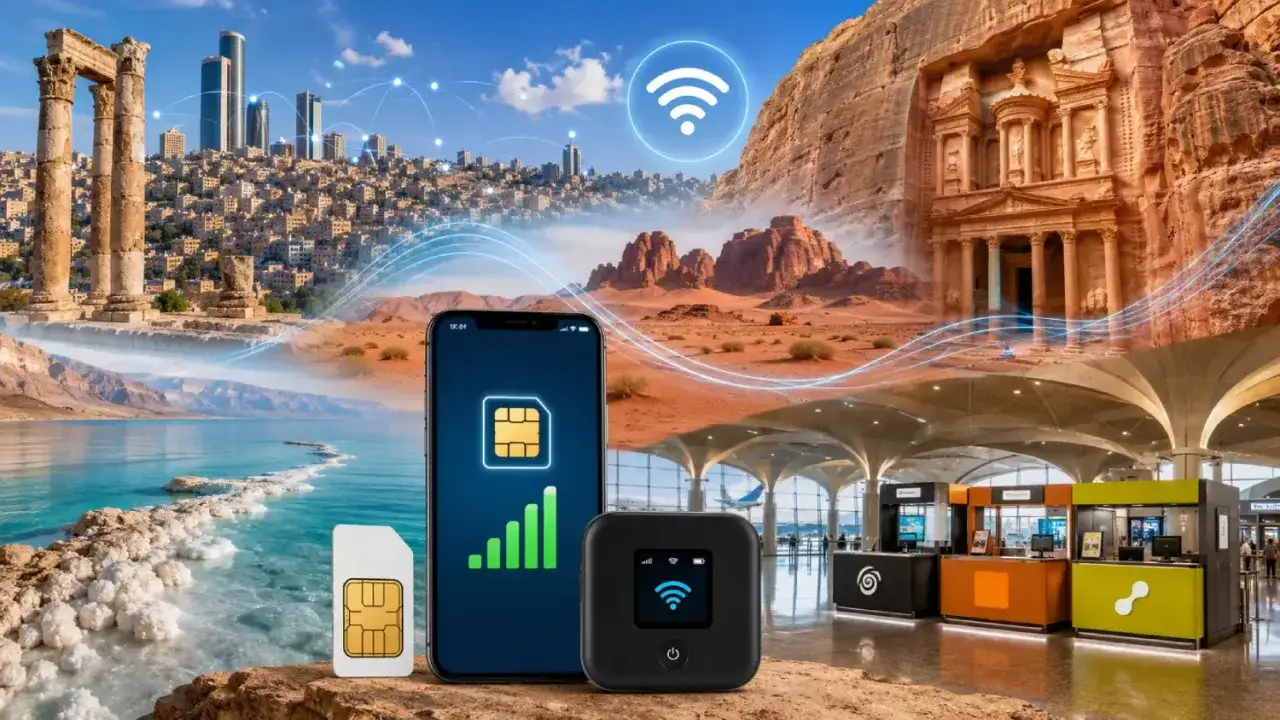 Connettivit&agrave; in Giordania: SIM, hotspot e Wi-Fi ovunque, dalle antiche rovine di Petra alla moderna Amman, per un viaggio sempre connessi.