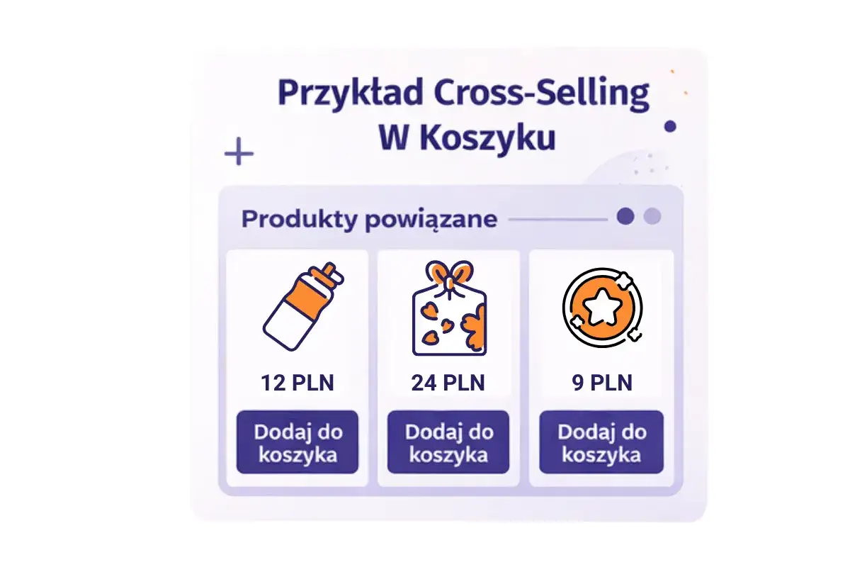 Przykład cross-selling w koszyku: butelka (12 PLN), paczka z serduszkami (24 PLN) i gwiazdka (9 PLN).