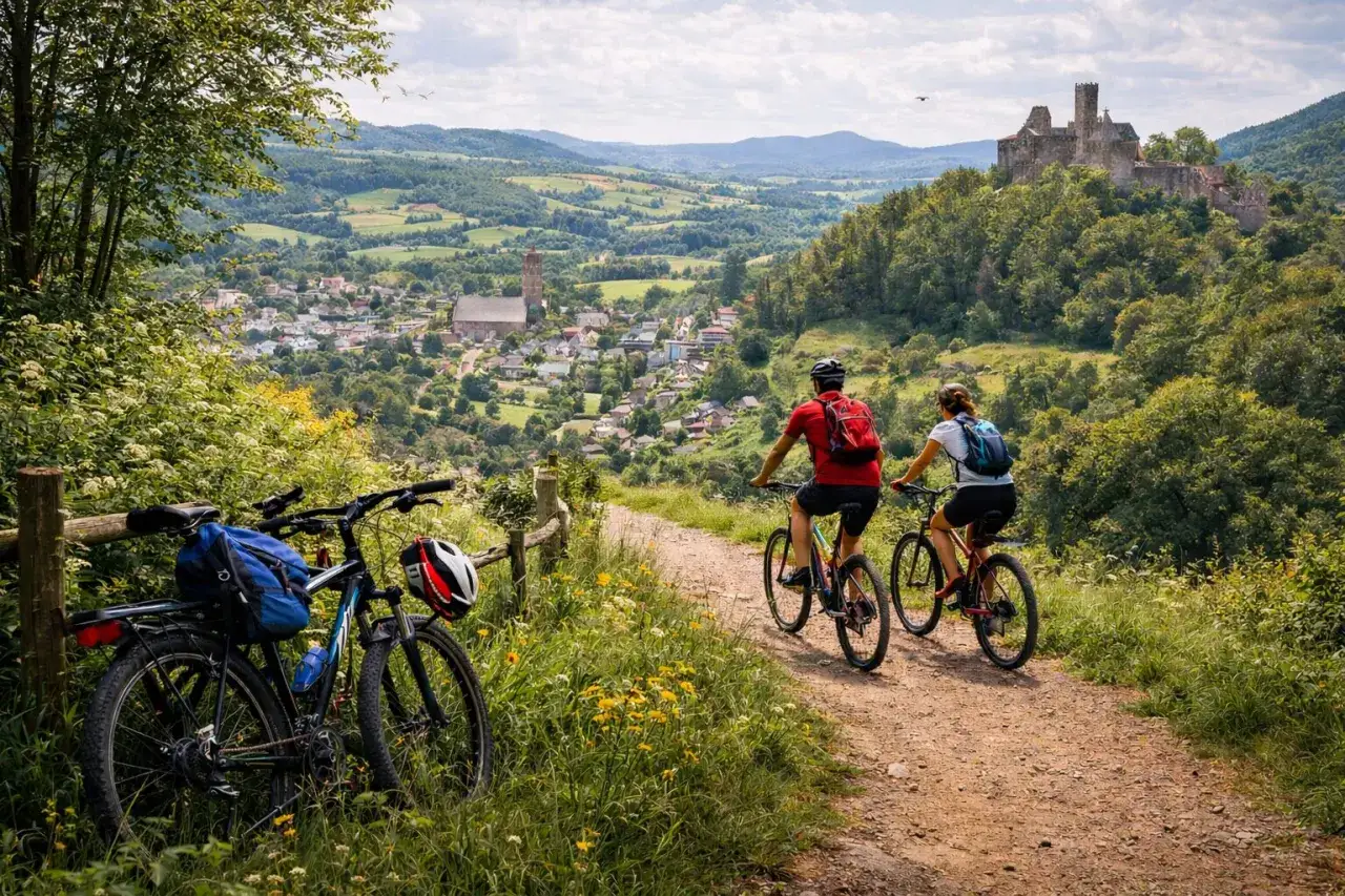 Zwei Radfahrer erkunden einen erlebnispfad eifel kinder. Im Hintergrund liegt ein malerisches Dorf mit einer Burgruine.