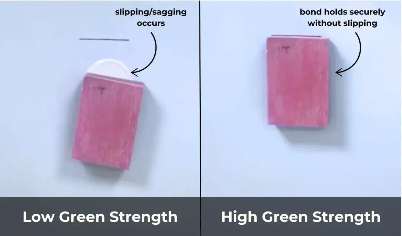 Left: pink object slips. Right: pink object holds. Does E6000 work on silicone? This shows low vs high green strength.