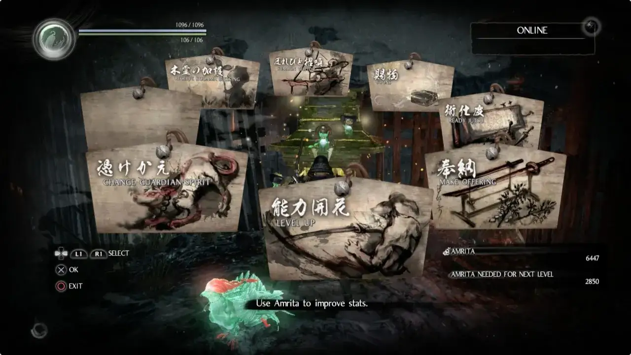 Menú del santuario de Nioh, con opciones como 
