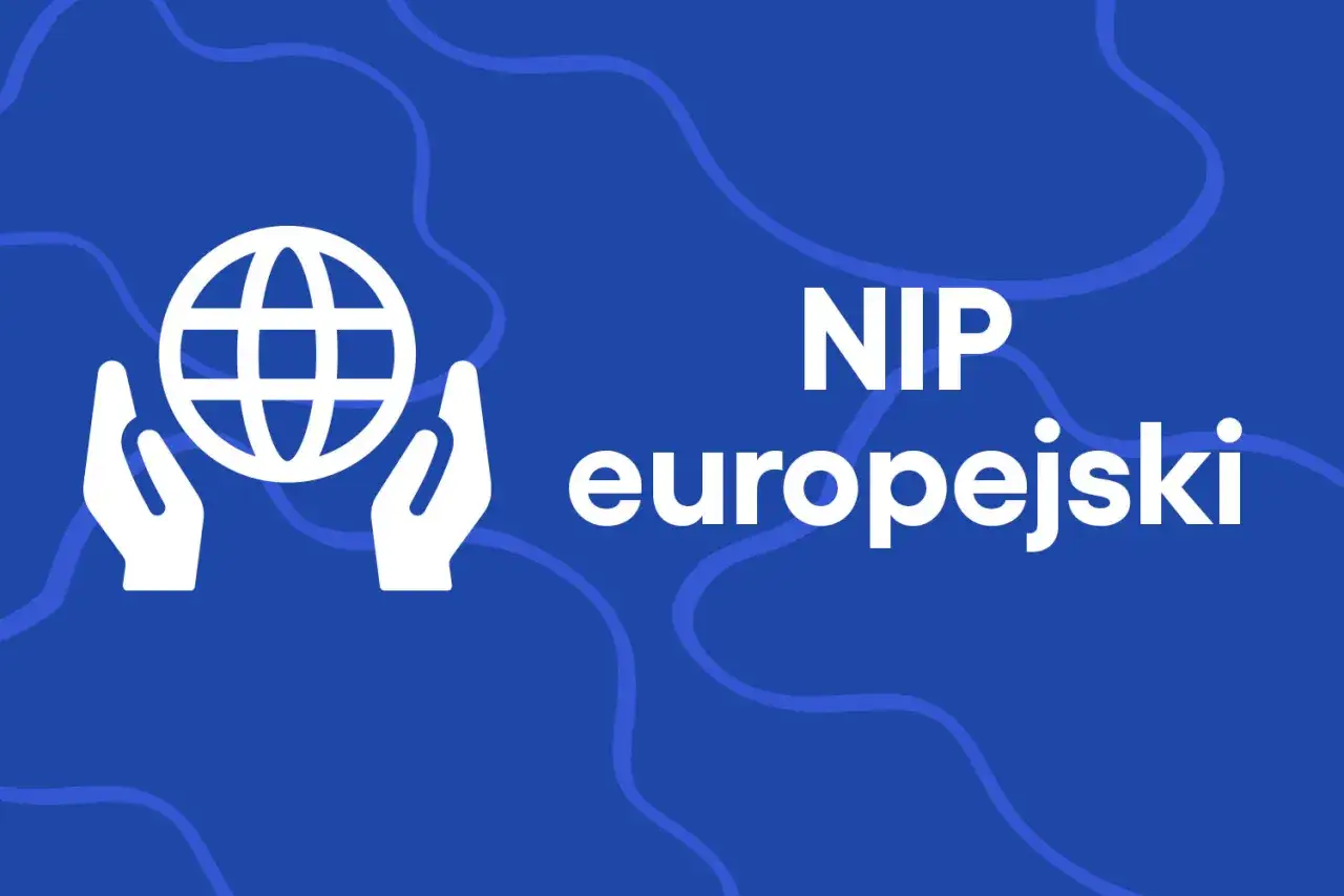 Dwie białe dłonie trzymają globus. Obok napis: NIP europejski.
