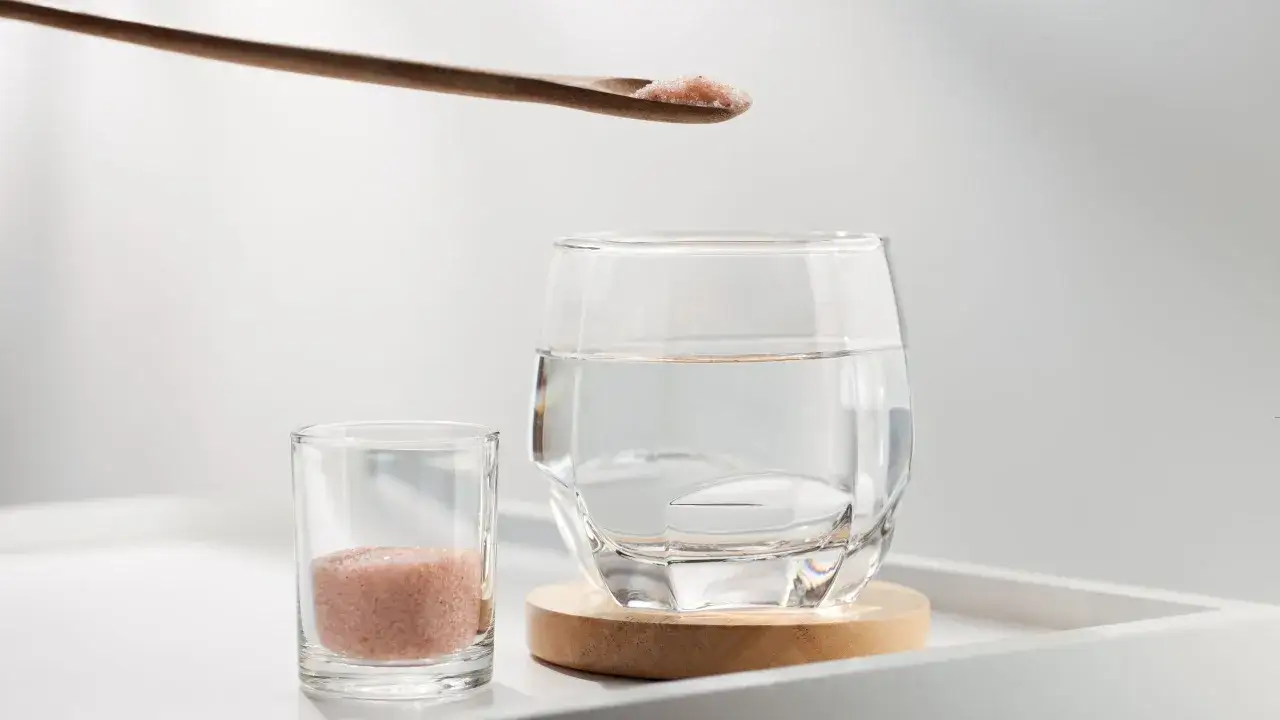Un cucchiaio di sale rosa si prepara per essere sciolto in un bicchiere d'acqua, un rituale per bere acqua calda al mattino.