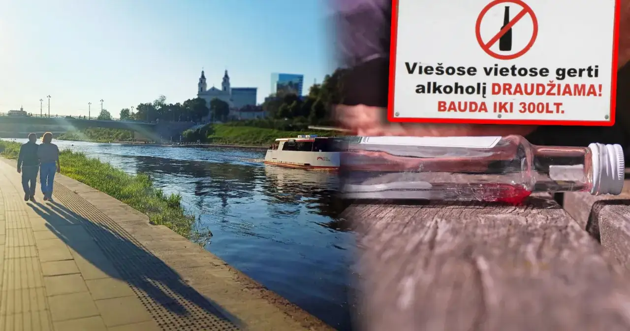 Spacerujący ludzie nad rzeką, statek i znak zakazu spożywania alkoholu. Czy Litwa jest bezpieczna? Tak, przestrzeganie zasad zapewnia bezpieczeństwo.