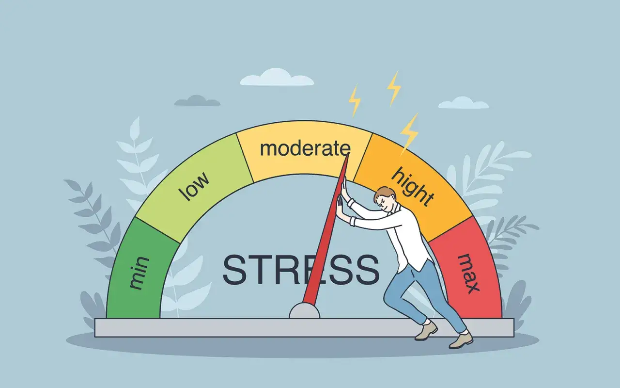 Man kämpar mot en stressmätare som visar hög positiv och negativ stress.