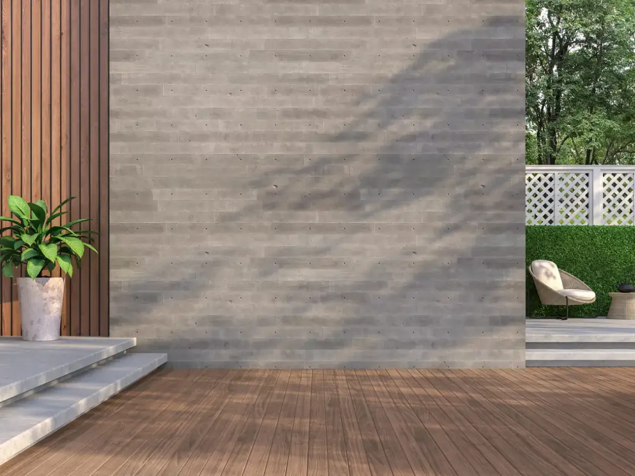 Pared de hormigón impreso con textura de madera, ideal para exteriores. Aprende como hacer hormigon impreso.