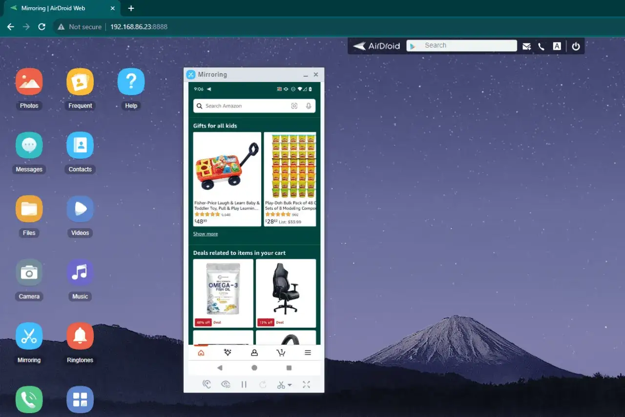 Zdalne sterowanie telefonem przez AirDroid. Widok aplikacji Amazon na ekranie komputera.
