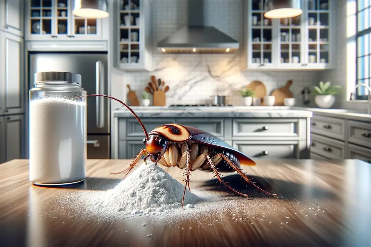 Una cucaracha se acerca a un mont&oacute;n de polvo blanco, quiz&aacute;s un fumigador de cucarachas, en una cocina moderna.