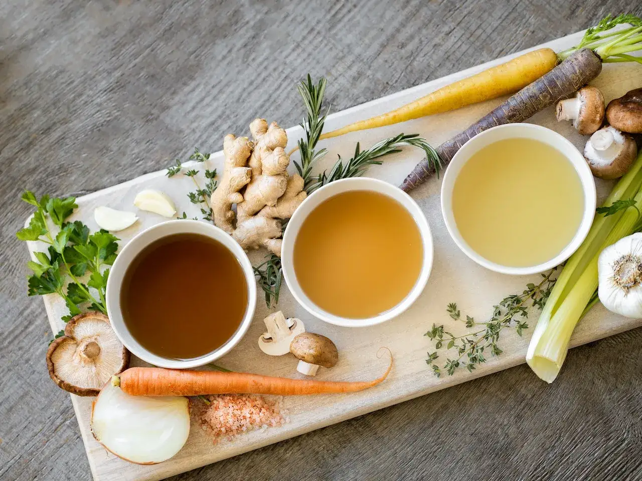 Tres cuencos de caldo depurativo rodeados de ingredientes frescos como jengibre, zanahorias, champi&ntilde;ones, ajo y hierbas.